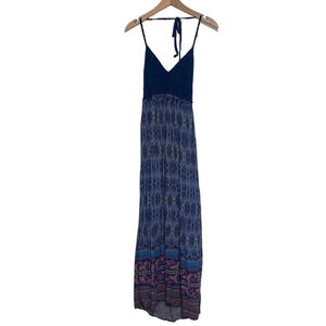 BD Collection L blue crochet top empire waist multicolor print maxi halter dress